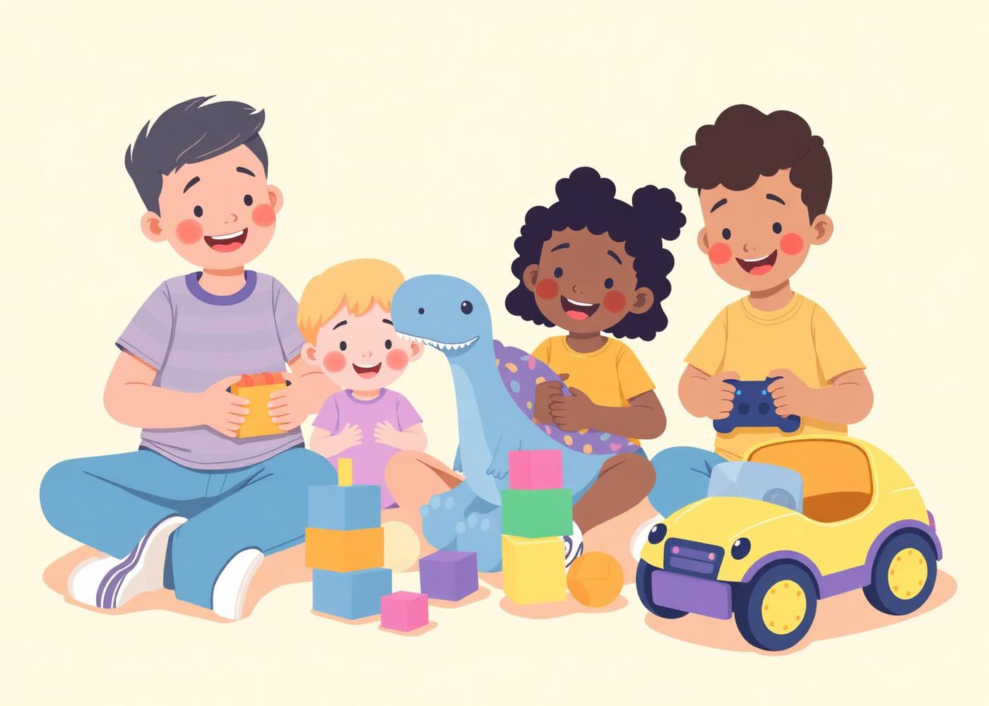 Children playing with wooden blocks, a plush dinosaur and a remote control car